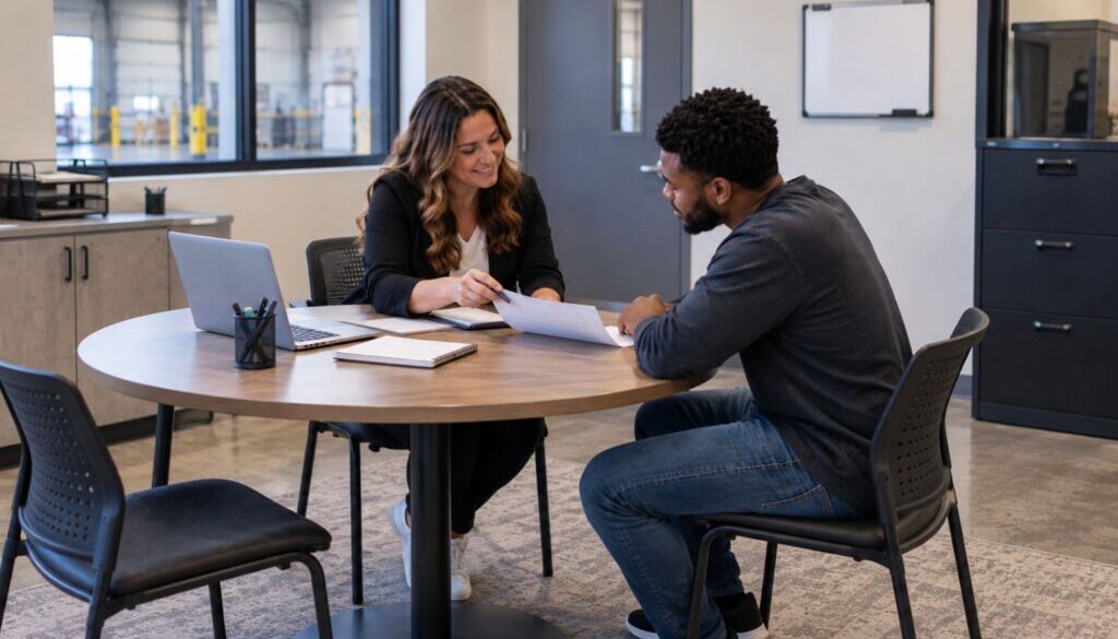 Staffing coordinator meeting with a candidate to review a job opportunity
