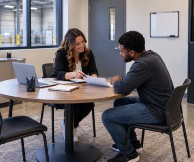 Staffing coordinator meeting with a candidate to review a job opportunity