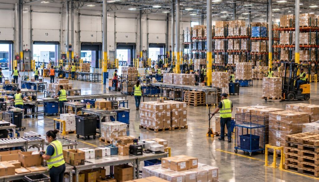 Wide view of employees working inside an active warehouse and manufacturing facility.