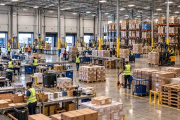 Wide view of employees working inside an active warehouse and manufacturing facility.