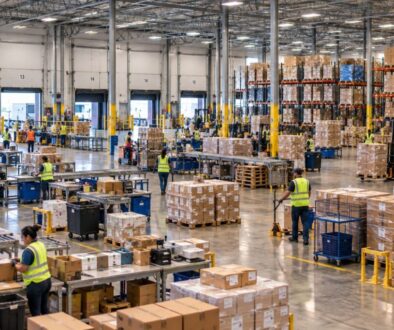 Wide view of employees working inside an active warehouse and manufacturing facility.
