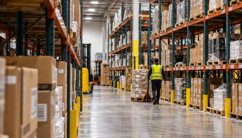 Long warehouse aisle with shelving and a worker in a distribution center