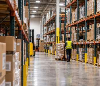 Long warehouse aisle with shelving and a worker in a distribution center