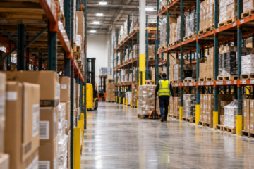 Long warehouse aisle with shelving and a worker in a distribution center