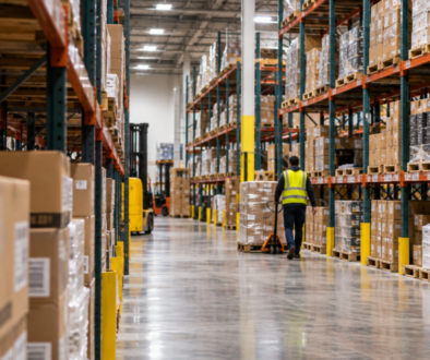 Long warehouse aisle with shelving and a worker in a distribution center