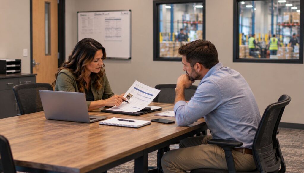 Two professionals reviewing a staffing proposal at a table