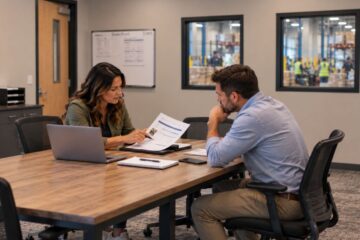 Two professionals reviewing a staffing proposal at a table